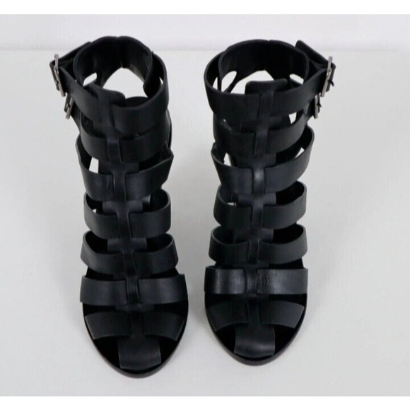 Vince Sandals Caged Strappy Nicolette Womens 8M 38 Black Leather Block High Heel - Picture 10 of 16